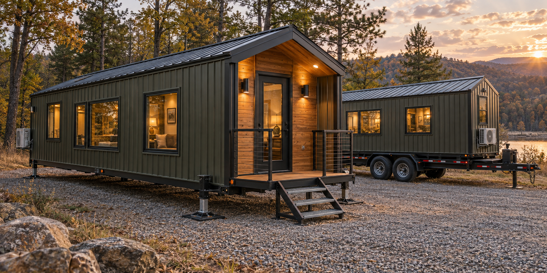 Steel framed hunting lodge lowered onto support legs, with a second cabin on its transport trailer