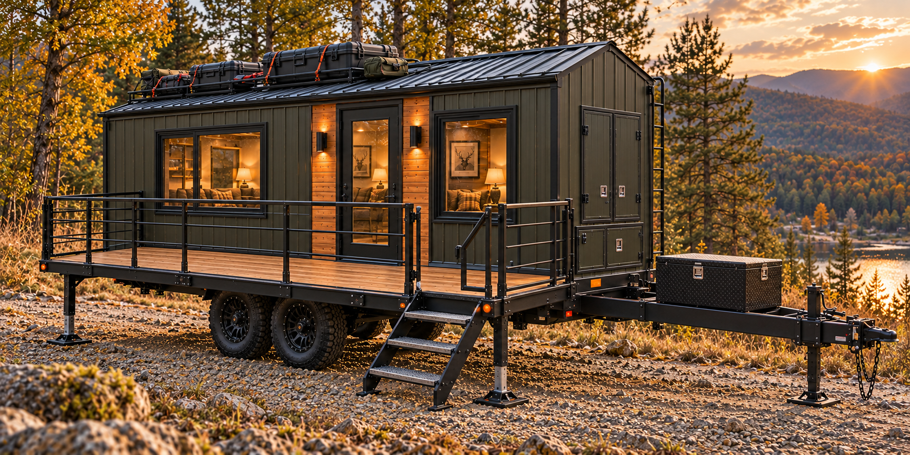 All-Terrain cabin with an optional fold-down side porch deployed on adjustable support legs, with folding railings and entry steps