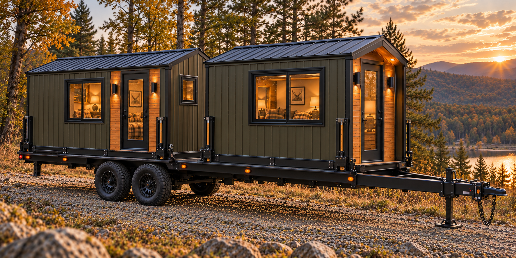 Two separate 8 by 10 foot Solo hunting cabins loaded end-to-end on one flatbed trailer